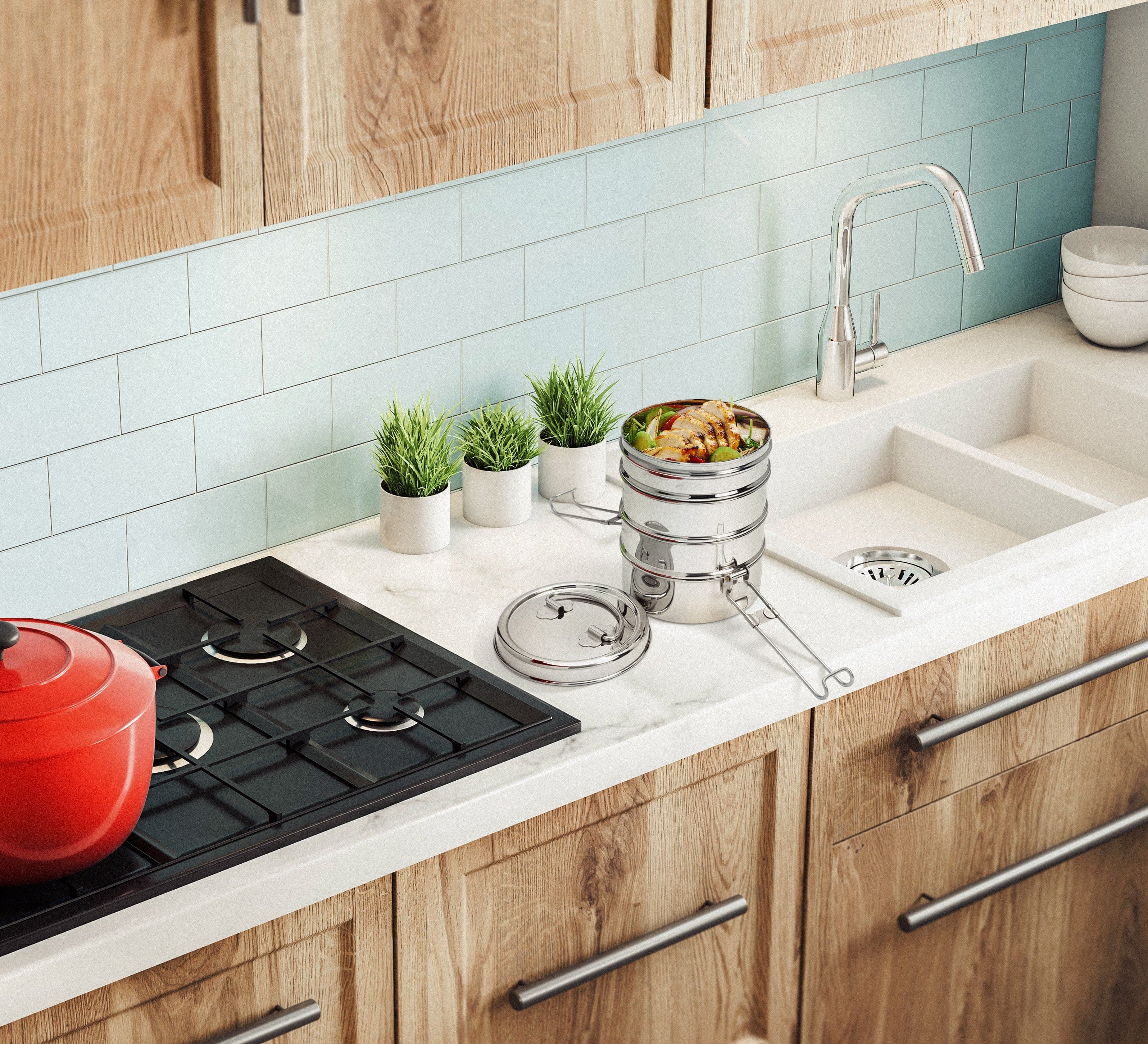 4-Tier Stacked Food Carrier | Stainless Steel Classic Tiffin Style Lunch Box